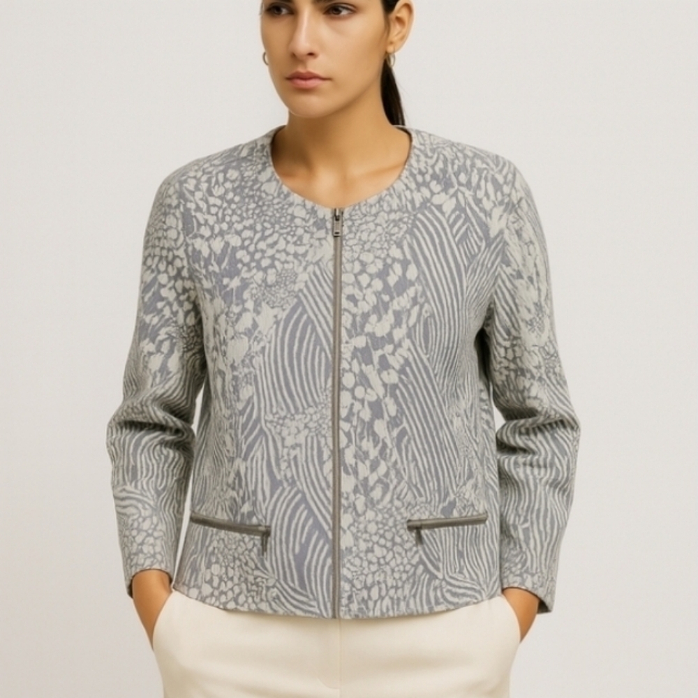 Zip Up Jacket Gray Patterned Full Unlined Gray White 20